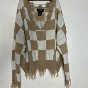 JUST POLLY Distressed Checkered Knit Sweater Tan Cream Size M